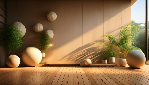 interior space featuring sunlight illuminating a wooden floor and wall enhanced by plants and spherical objects
