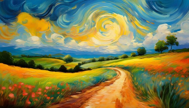 colorful impressionist landscape painting with swirling sky and countryside path - Powered by Adobe