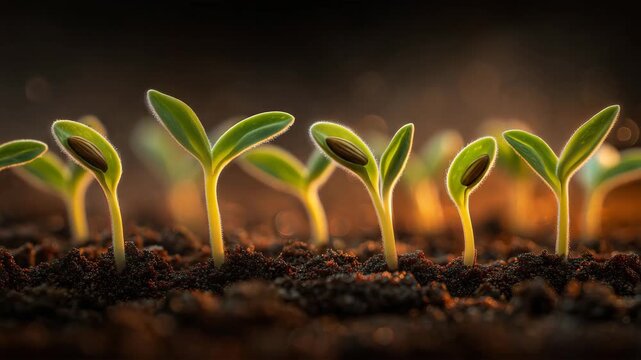 ヒマワリの芽が育つ春の畝を鮮やかに俯瞰図