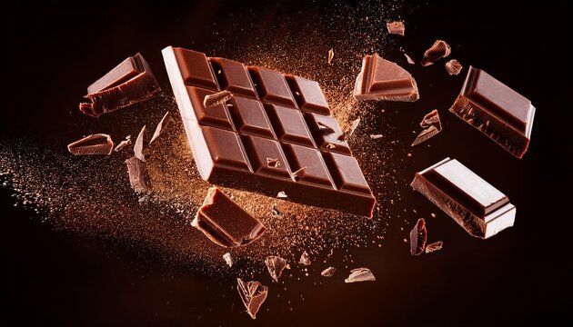broken chocolate bar pieces in mid air