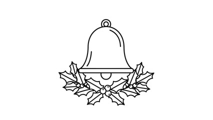 Christmas bell with festive holly leaves and berries line art illustration isolated on white background, Vector
