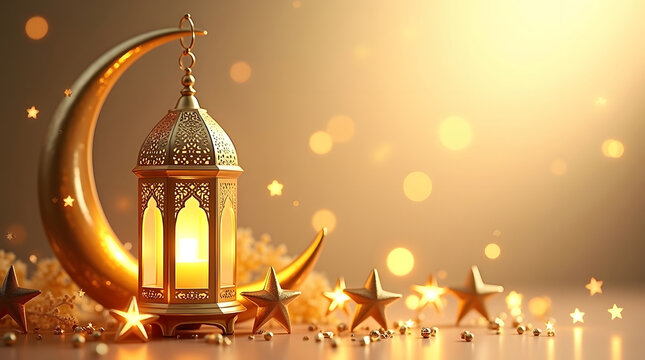 Golden crescent moon and ornate lantern with bokeh lights	