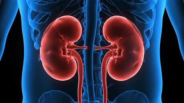 A 3D medical animation showing inflamed kidneys in a male torso, illustrating nephritis or kidney disease