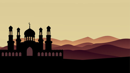 Silhouette of a mosque against a gradient mountain landscape © Adobe