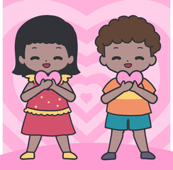 Sweet Kids Holding Heart Shape Cute Vector. Perfect for Valentine themes, children books, love and friendship concepts, greeting cards, educational materials, and adorable kid content.
