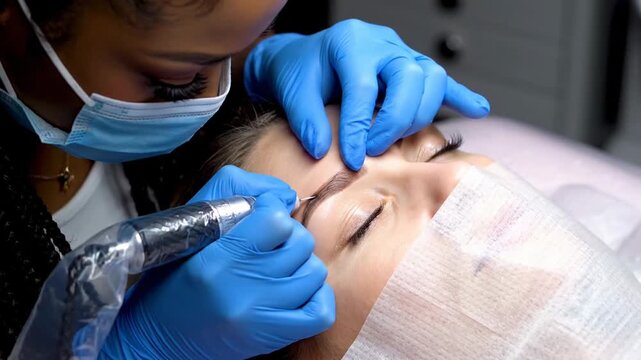 A beautician performs microblading on a client's eyebrows.