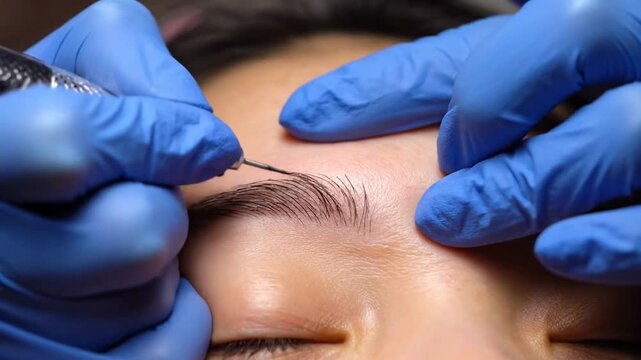 A close-up of a microblading procedure enhancing eyebrows.