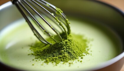 Close up photo shows matcha powder mixing with liquid in bowl. Whisk stirs green tea drink ingredients. Cooking process of japanese matcha beverage. Culinary art scene.