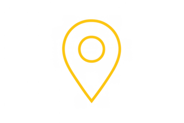 Yellow outline location pin icon on a transparent background, representing gps navigation, target finding, and place marking