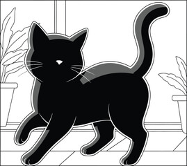 Black Cat Silhouette Illustration Indoors – Cute Pet Graphic, Minimalist Cat Artwork, Modern Vector Design for Animal Posters and Creative Projects