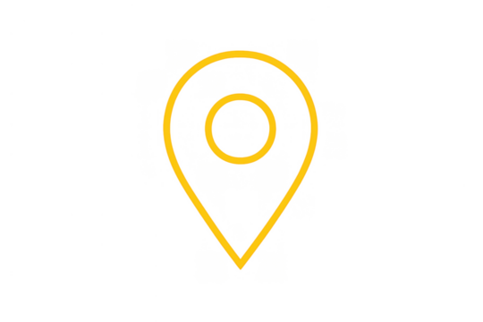 Yellow outline location pin icon on a transparent background, representing gps navigation, target finding, and place marking - Powered by Adobe
