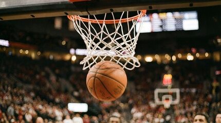 Basketball swishes through hoop in a dramatic under-basket close-up shot.