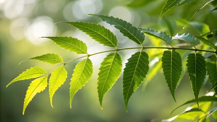 Sunlit Neem Leaves on a Branch with Bright Bokeh Background.