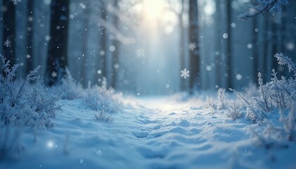 Winter forest path covered in snow with falling snowflakes. Sun shines through bare trees creating a serene and peaceful cold landscape. Frosty plants border the snowy trail.