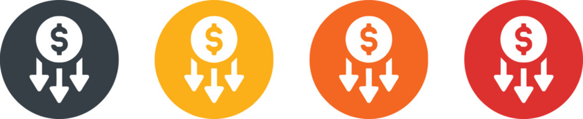 money, finance, cost, expense, price, reduction, decrease, loss, budget, investment, economy, currency, dollar, icon, symbol, business, concept, design, illustration, set, collection, dark gray, yello