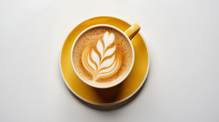 Hot latte with leaf-shaped latte art in yellow ceramic cup and saucer, isolated on white background top view