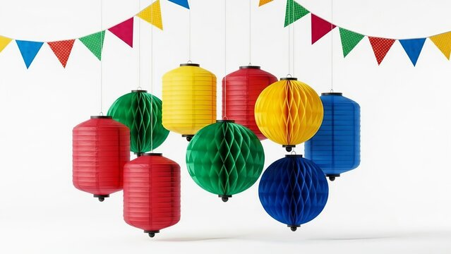 Colorful hanging lanterns and festive bunting flags for celebration