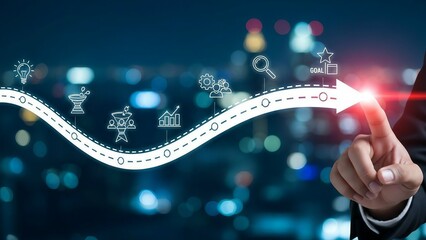 Businessman s hand touching a glowing arrow representing digital transformation and business growth