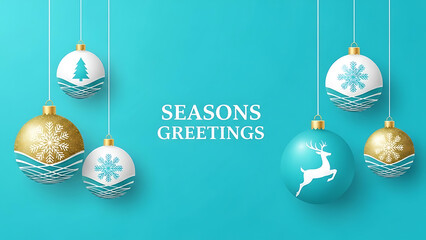 Festive Christmas Ornaments With Seasons Greetings Message On Blue Background