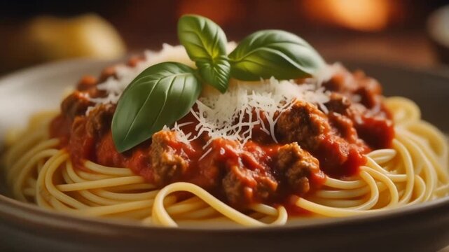 A plate of spaghetti with meat sauce, garnished with basil and cheese.