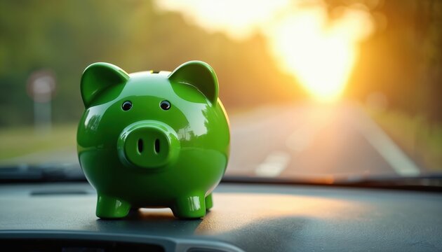 Green piggy bank sits on car dashboard. This symbolizes motoring costs and vehicle purchase. Money saving for fuel budget. Financial planning concept for car insurance tax expenses. - Powered by Adobe