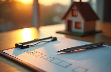Fototapeta premium Clipboard with checklist and pen sits on wooden table near small house model. Sunset light illuminates planning and real estate assessment. Decision making for property purchase or inspection.