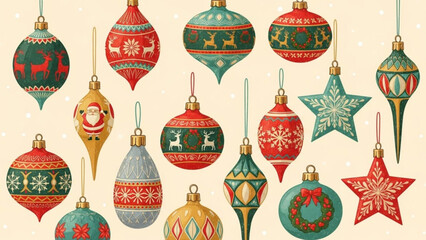 A festive collection of vintage inspired christmas ornaments in various shapes and sizes with traditional holiday motifs like reindeer santa claus snowflakes and wreaths