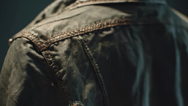 Medium shot capturing a casual jacket spinning slowly on a rotating stand emphasizing fabric texture and detailed stitching in soft studio lighting.