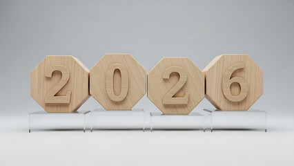 Wooden octagonal blocks displaying the numbers for the year 2026 on a light gray background.