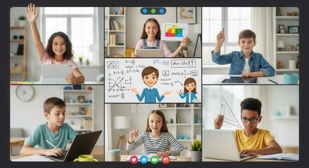 Diverse group of young students participates in a virtual classroom setting for online education