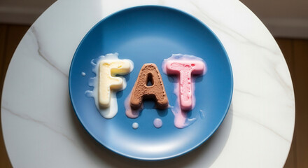 Colorful ice cream letters spelling FAT on blue plate  