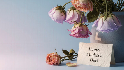 Pink roses in vase with card saying Happy Mother's Day  