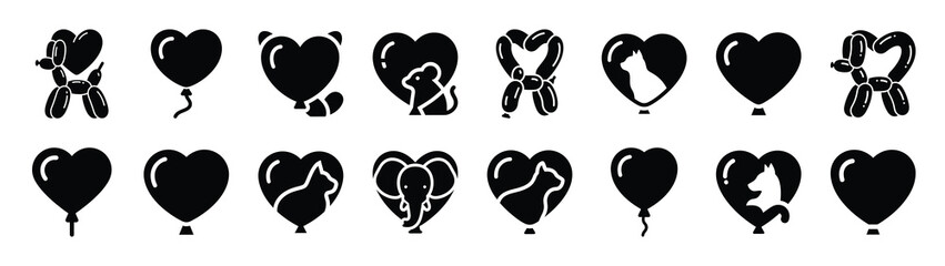 A set of funny  balloon heart animal Valentines Day silhouette icon. Valentines Day vector isolated on transparent background. © Gajendro