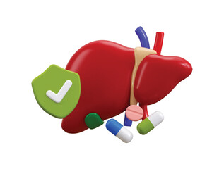 Healthy Human body Liver icon with medicine icon 3d render concept of protect shield with human internal body organs icon on medicine pills icon vector illustration