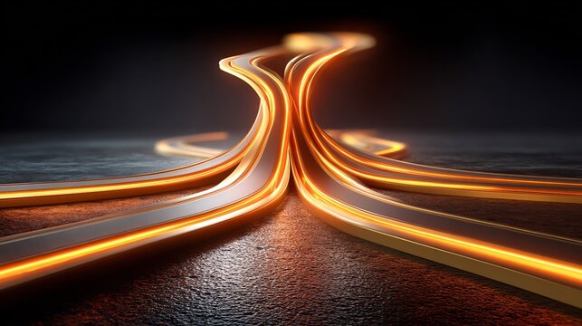 Abstract glowing golden lines converging and diverging on a dark textured surface, representing data flow and technological connectivity, with cinematic lighting and vibrant colors in 4k detail.