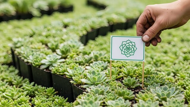 Hand placing a small plant identification tag in a nursery of succulents - Powered by Adobe