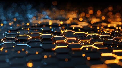 Obraz premium Illuminated Tech Grid: Abstract illustration of an illuminated grid, with hexagonal cells glowing with light, representing interconnectedness, data, and digital innovation.