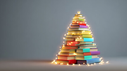Christmas tree made of books and warm light garland. Holiday season.  Book lovers, avid readers, and scholars will love this alternative holiday tree.