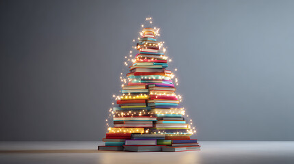 Whimsical book tree adorned with fairy lights. Stacked books creating a festive, literary Christmas tree, glowing warmly on a neutral backdrop. Holidays with heart.