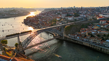 Sunset Drone View of Porto – Golden Hour Over the Douro River, Scenic Old Town, Cruise Ships,...