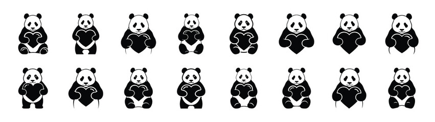 A set of funny  panda holding big Valentines Day silhouette icon. Valentines Day vector isolated on transparent background. © Gajendro