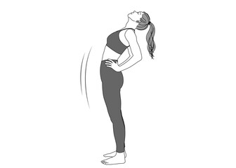 ストレッチ 腰に手を当てて背中を反らす女性のイラスト 全身横向き モノクロ
