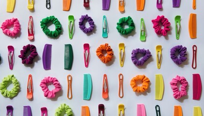 Hair accessories on a white background a colorful, organized collection of essential hair clips and scrunchies