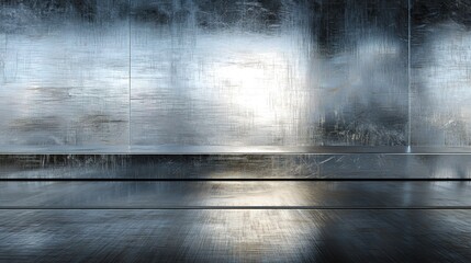 Metal Surface with Reflections: A striking metallic surface shimmers with atmospheric reflections and textures, creating a sense of depth, industrial aesthetic and a modern feel.