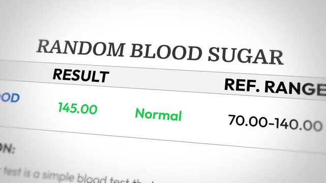 Random Blood Sugar test report showing normal results, 4k footage close up. Medical, health, modern.