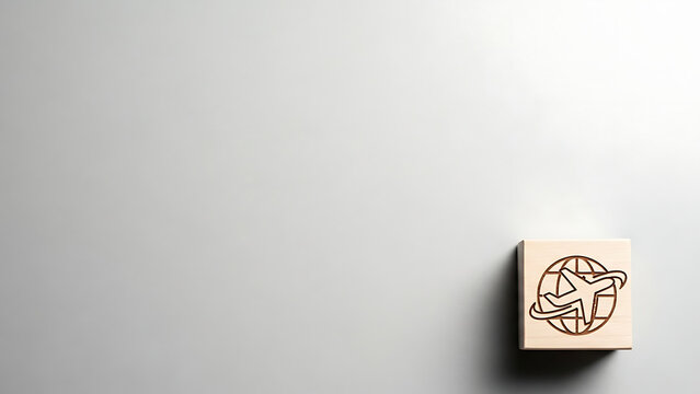 Wooden cube with an airplane and globe icon on a light grey background, symbolizing global travel and transport.