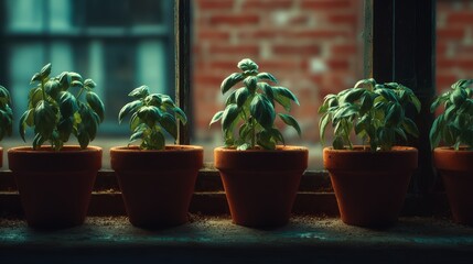 Basil Plants in terracotta pots: A row of thriving basil plants flourishes in terracotta pots on a windowsill. The scene evokes a sense of freshness and natural growth. The lush.