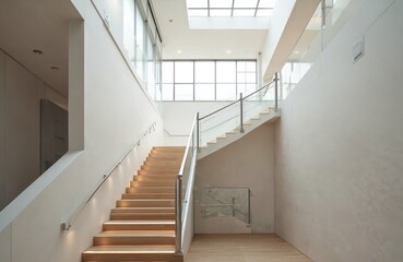 Fototapeta premium Wide contemporary staircase with wood steps, metal railing ascends through bright, airy building interior. Natural light streams from overhead skylight, large windows, illuminating clean white walls,