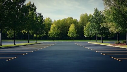 Vacant parking lot lined trees offering expansive parking ground during daytime