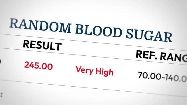 Random Blood Sugar Test showing very high results on the report, close up 4k medical health footage